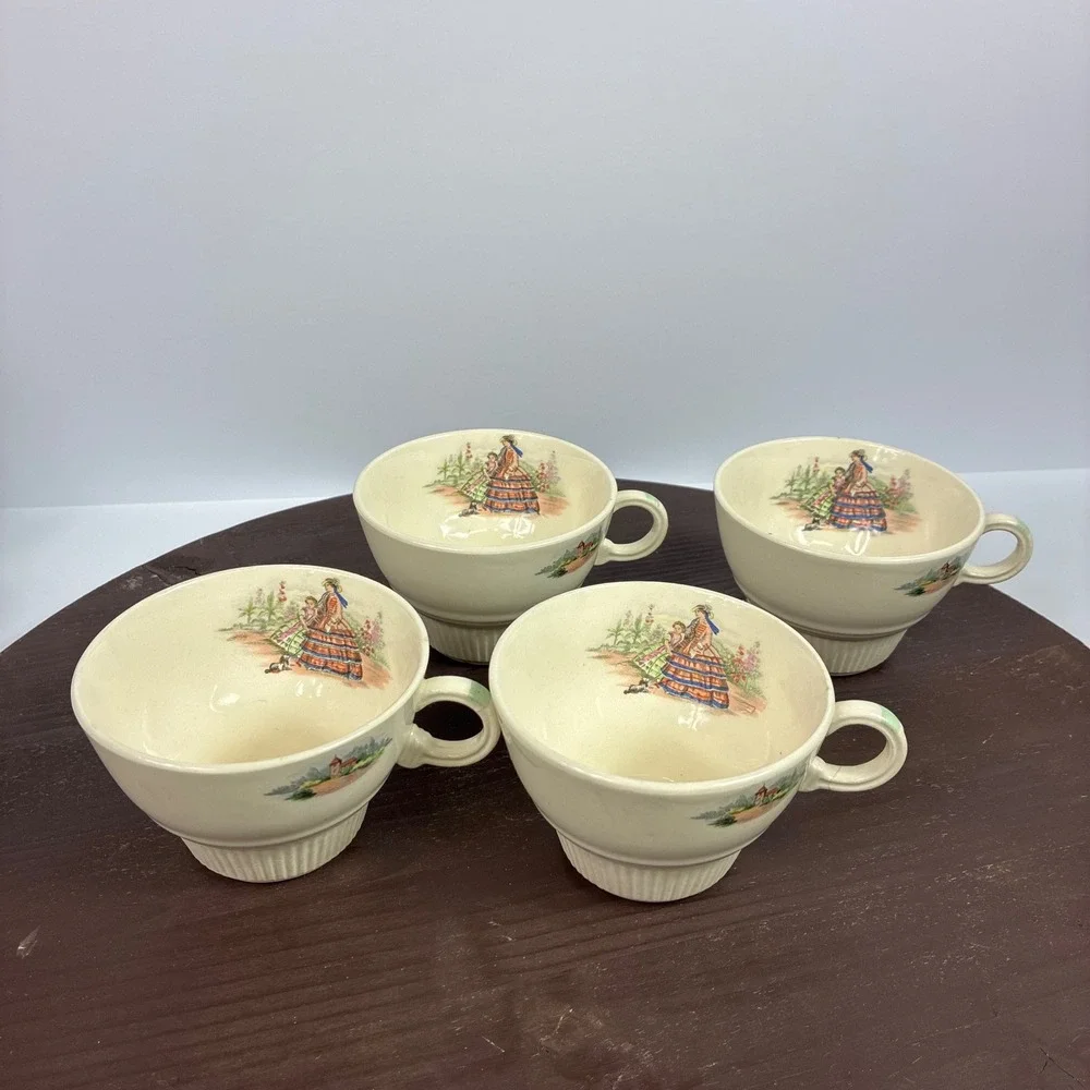 Vintage Salem China Godey Prints Demitasse Teacups Victory Ribbed Shape Set of 4